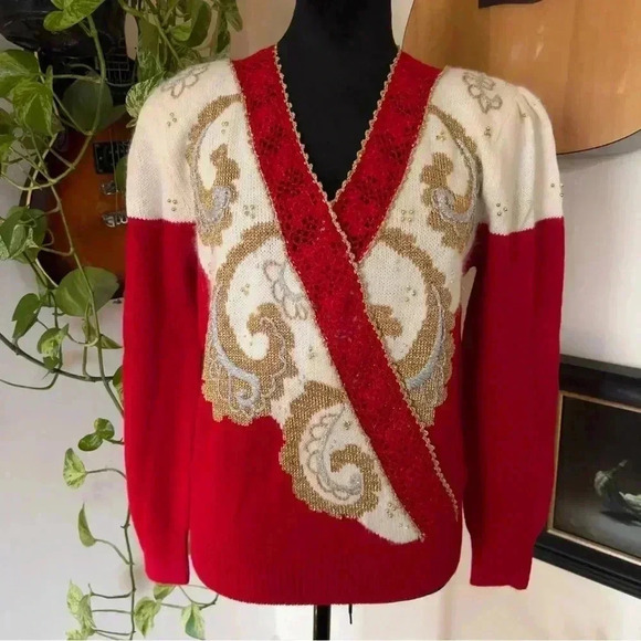 Vintage 80s Dana Scott Avant-Garde Red And Cream Mixed Media Sweater - Medium - Picture 1 of 9